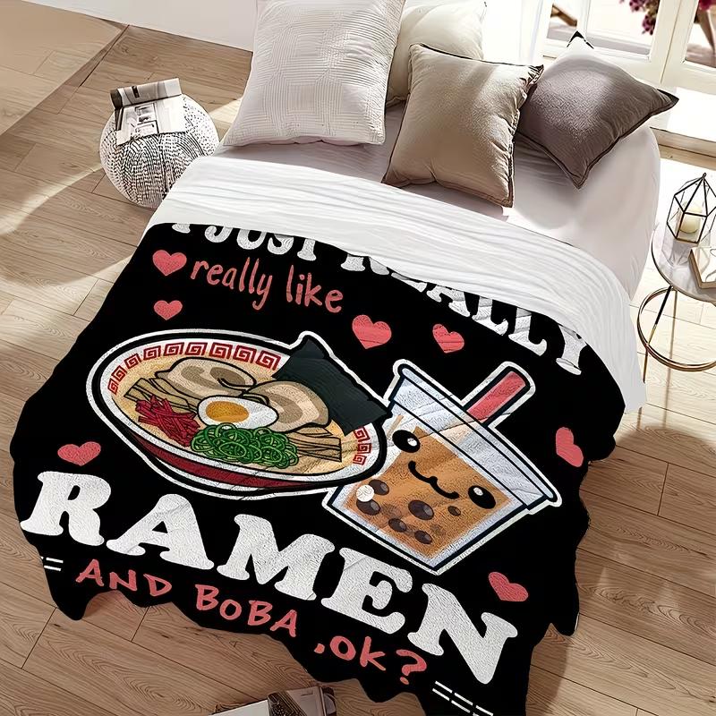 Soft Funny Throw Blanket Preppy Style Cartoon Ramen & Boba Print Flannel Blanket - Super Soft, Tear Resistant, All Seasons Multipurpose Knit Fabric Throw for Noodle and Bubble Tea Enthusiasts