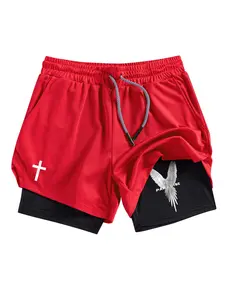 Men's Cross & Eagle Print Pocket Gym Shorts, Regular Fit Breathable Quick Drying Shorts for Gym Workout Running, Men's Sportswear for Summer