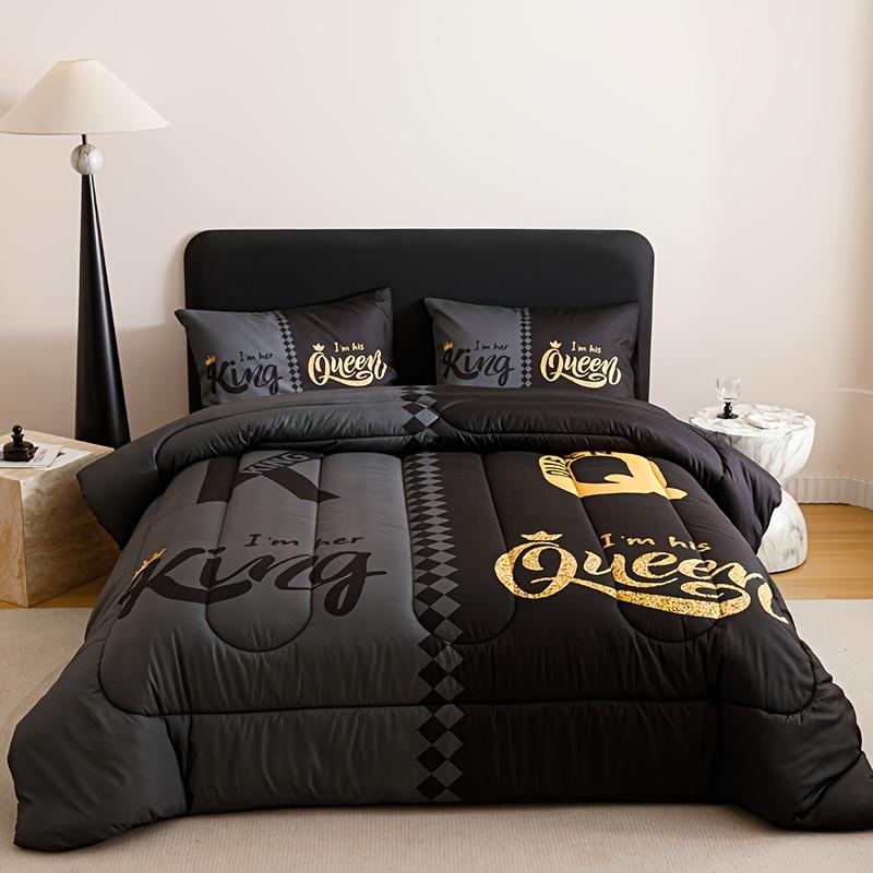 3pcs Super Soft Breathable Quilt Set - Black Grey Color Blocking, Thickening Crown Letter Design | 1 Comforter + 2 Pillowcases, 180gsm Quilting, Digital Printing for Bedroom