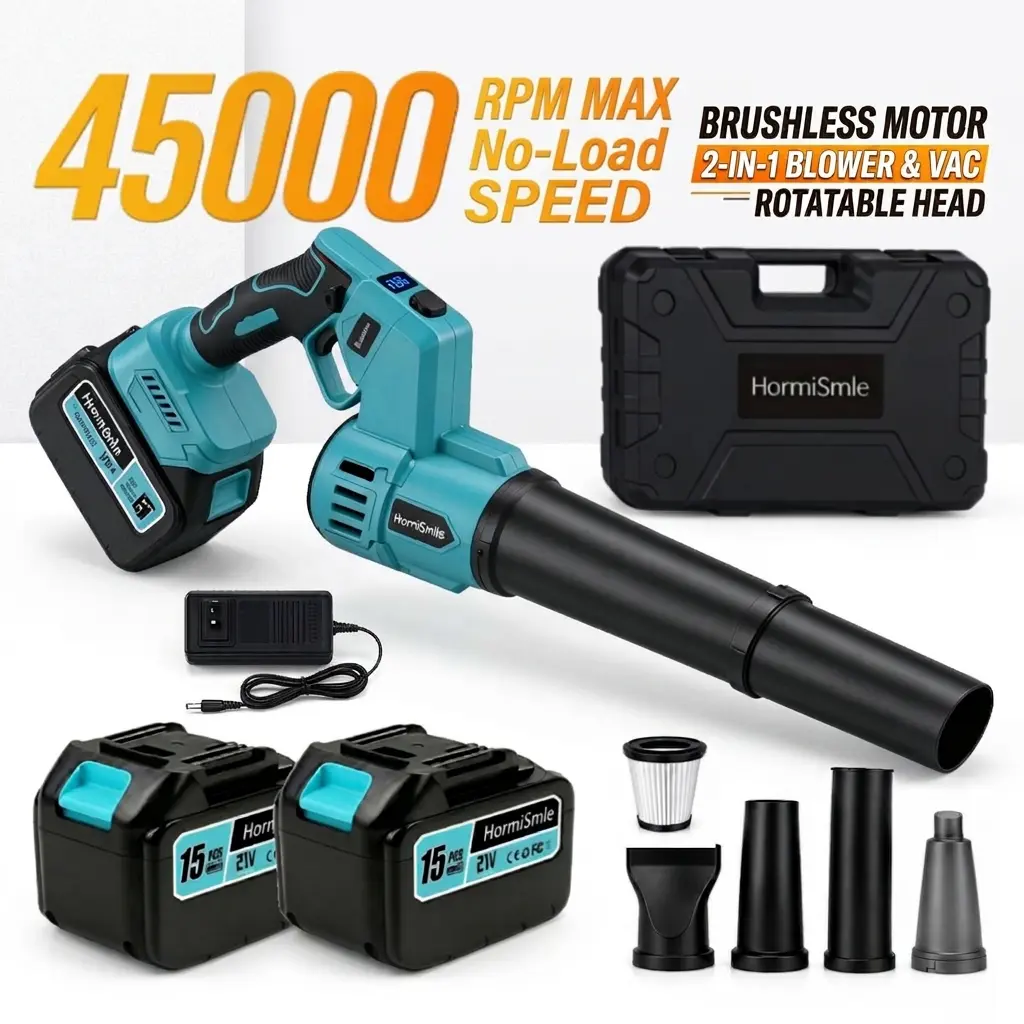 45000 RPM MAX No-load Speed 2-in-1 Blow & Vacuum Turbo Jet Blower, 15-Cell Battery & LED Display, Brushless Leaf Blower for Yard Sweeping, Violent Turbo Fan, Handheld Car Vacuum, Auto Detailing, Car Drying After Wash, PC Keyboard Cleaner Holiday gifts