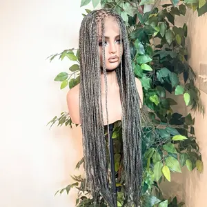 Micro Knotless Braids in gray with 360 Full Premium Fiber Synthetic Lace for All Occasions Medium Cap Size 21.5 – 22.5”
