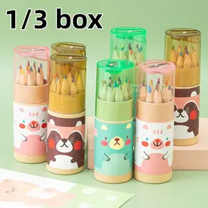 Mini Color Pencils Cartoon Bucket Set, 12 Colors Art Supplies for Elementary Students, Creative Drawing Tools, School Stationery Essentials