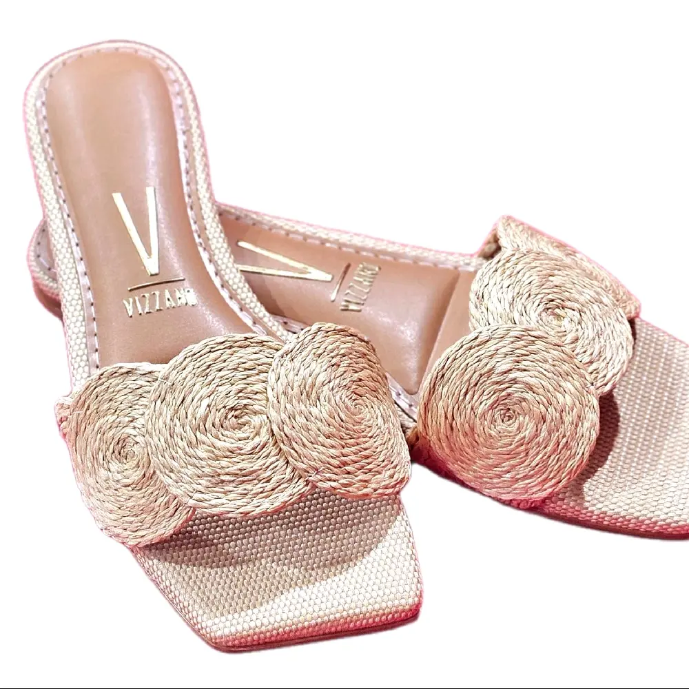 Vizzano Woman Sandals with Bow Detail Handwoven Raffia Strap Lightweight Design Soft Cushioned Insole Square Toe Summer Footwear for Everyday Wear