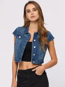 INSPIRE CHIC Summer Button Down Cap Short Sleeve Cropped Jean Denim Jacket