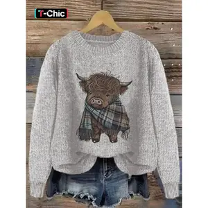 Women's Cartoon Cow Animal Print Round Neck Sweater, Casual Long Sleeve Crew Neck Jumper for Fall & Winter, Fashion Women's Knitwear for Daily Wear, Tops, Womenswear
