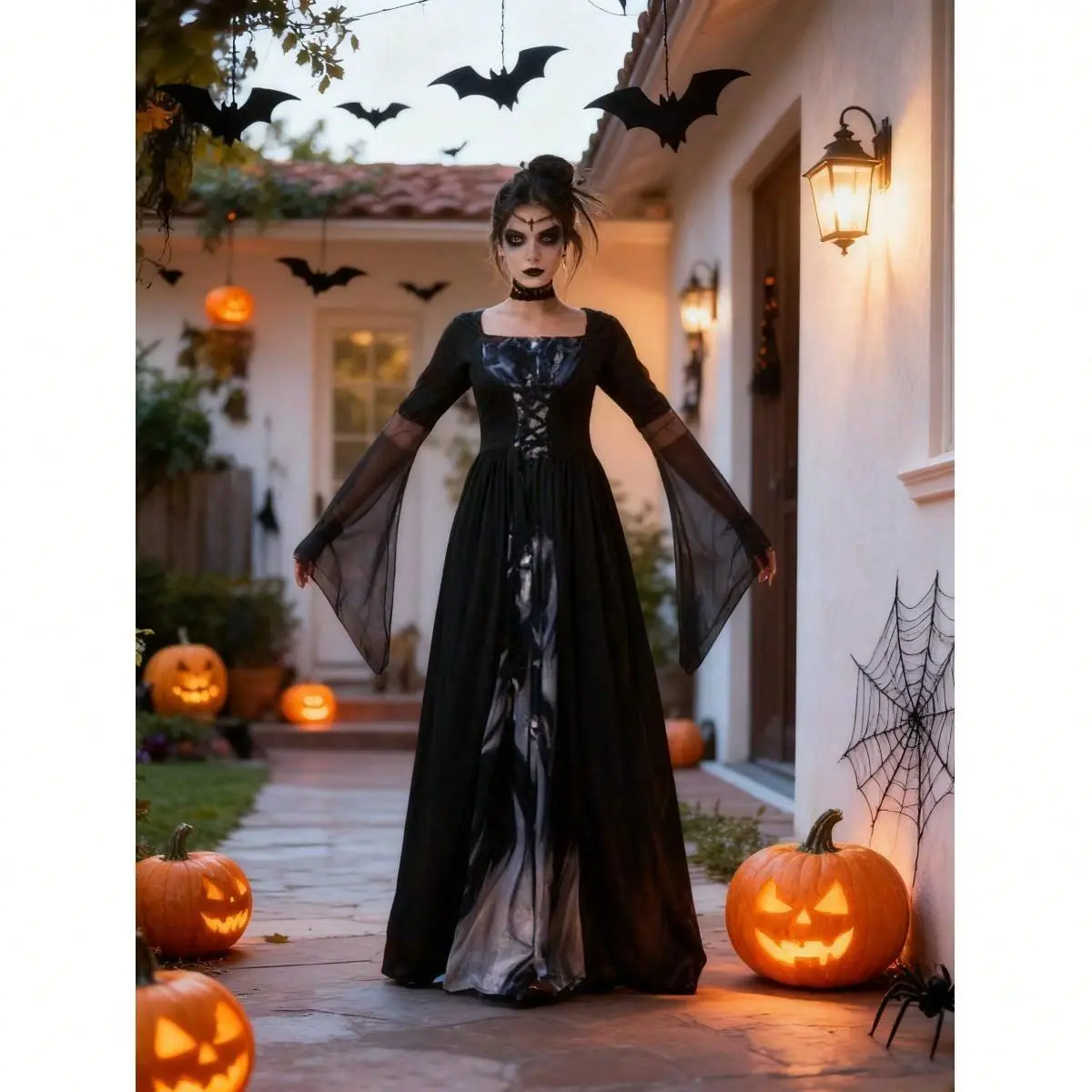`Halloween Witch Dress, Hooded Skeleton Witch Mage Cosplay Costume, Retro Renaissance Outfit for Carnival Party Stage Performance` Womenswear Clothes