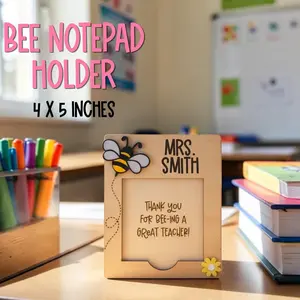 Personalized Laser-Cut Wood Bee Notepad Holder (4x5 in), "Bee-lieve in Yourself" Desk Organizer, Teacher Appreciation Gifts, Handcrafted White Birch & Acrylic Office Accessory with Engraved Name Option outdoorfun