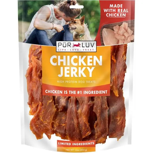 Pur Luv Chicken Jerky Dog Treats, Made with 100% Real Chicken Breast, 16 Ounces, Healthy, Easily Digestible, Long-Lasting, High Protein, Satisfies Dog's Urge to Chew