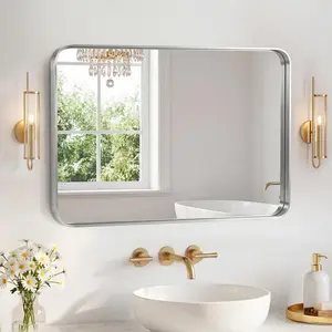 Metal Frame Rounded Rectangle Wall Mirror, 16"x20" to 24"x32", HD Shatter-Proof Tempered Glass, Horizontal & Vertical Hanging for Bathroom, Living Room, Farmhouse, Matte Black/Gold/Silver