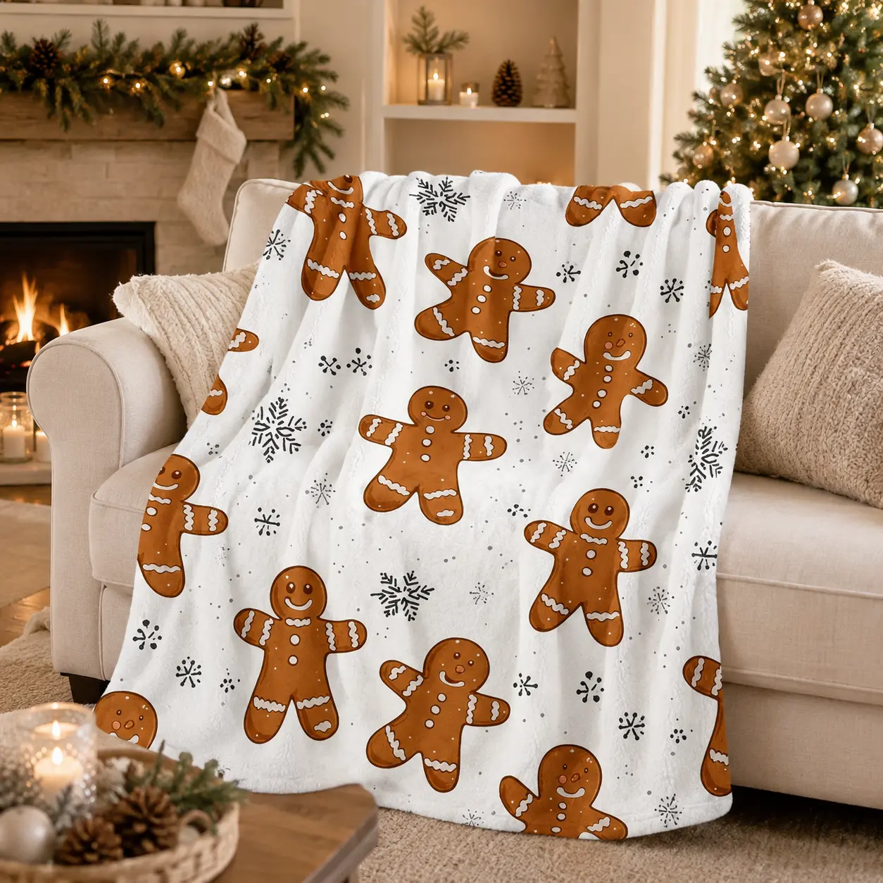 Christmas Gingerbread Man Snowflake Winter Pattern Flannel Throw Blanket, Lightweight Soft Fuzzy Plush Blanket for Couch Bed Sofa, All Season Cozy, Sweet Xmas Holiday Gift, Cute Festive Winter Art Bedroom Living Room Home Decor