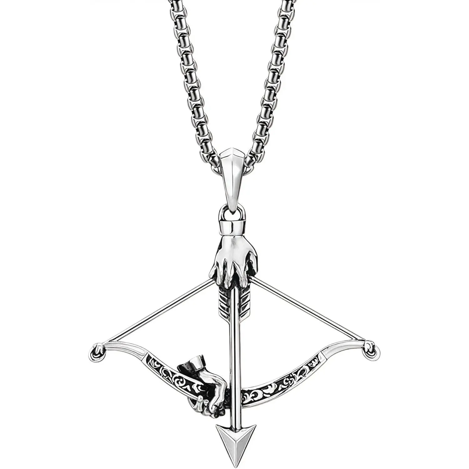 Cross Bow and Arrow Necklace for Men, Non Tarnish Durable Stainless Steel Necklace 24inch with Zinc Alloy Crucifix Pendant for Male, Archery Jewelry Accessories Gift for Valentines Day for Boyfriend and Husband