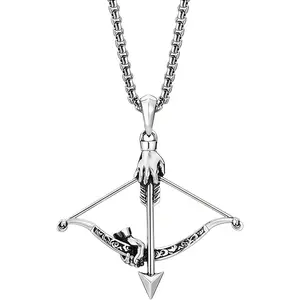 Cross Bow and Arrow Necklace for Men, Non Tarnish Durable Stainless Steel Necklace 24inch with Zinc Alloy Crucifix Pendant for Male, Archery Jewelry Accessories Gift for Valentines Day for Boyfriend and Husband