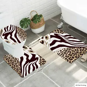 1/3Pcs Animal Print with Leopard and Zebra s Bathroom Mat Set, Flannel Non Slip Bath Rug, Toilet U-Shape Mat, Toilet Lid Cover, Thickened Soft Absorb Water, Microfiber Surface Memory Foam Cushion, Home Bathroom