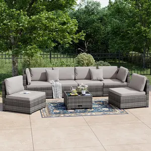 Summervibes Outdoor Wicker Sofa Set Waterproof UV Resistant Garden Leisure Furniture Includes Tempered Glass Coffee Table High Density Sponge Cushions