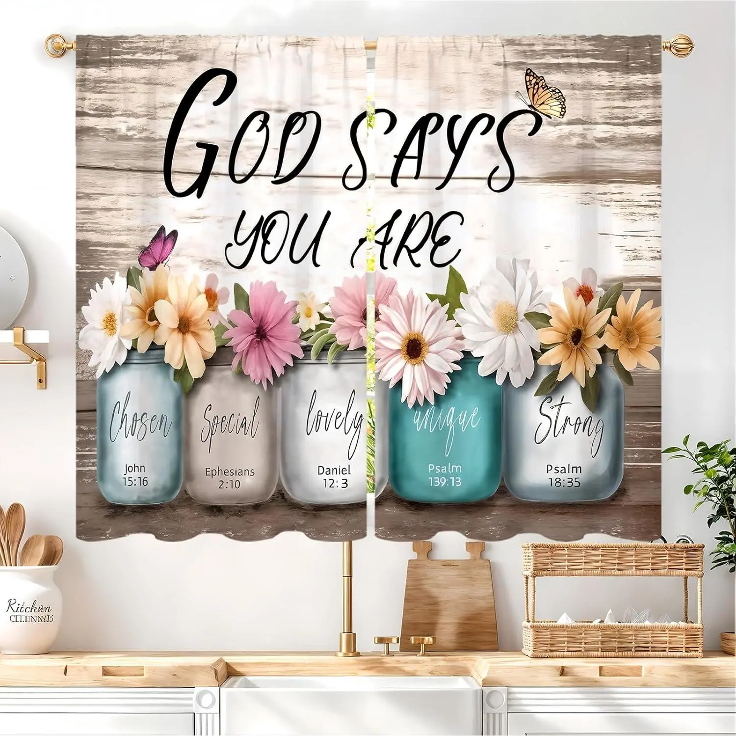 Christian Scripture 2-Panel Rod Pocket Curtains, 27.5W x 39L in Floral Botanical Short Cafe Tier Drapes with Bible Verses & God’s Inspirational Quotes for Kitchen, Bathroom Decor, Floral Curtains, Botanical Curtains