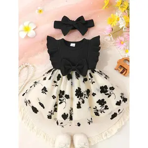 2-piece set of soft, comfortable, and cute baby girl dress with bow decoration, ruffle trim, floral embroidered mesh princess dress and headband set Baby Girl Clothes