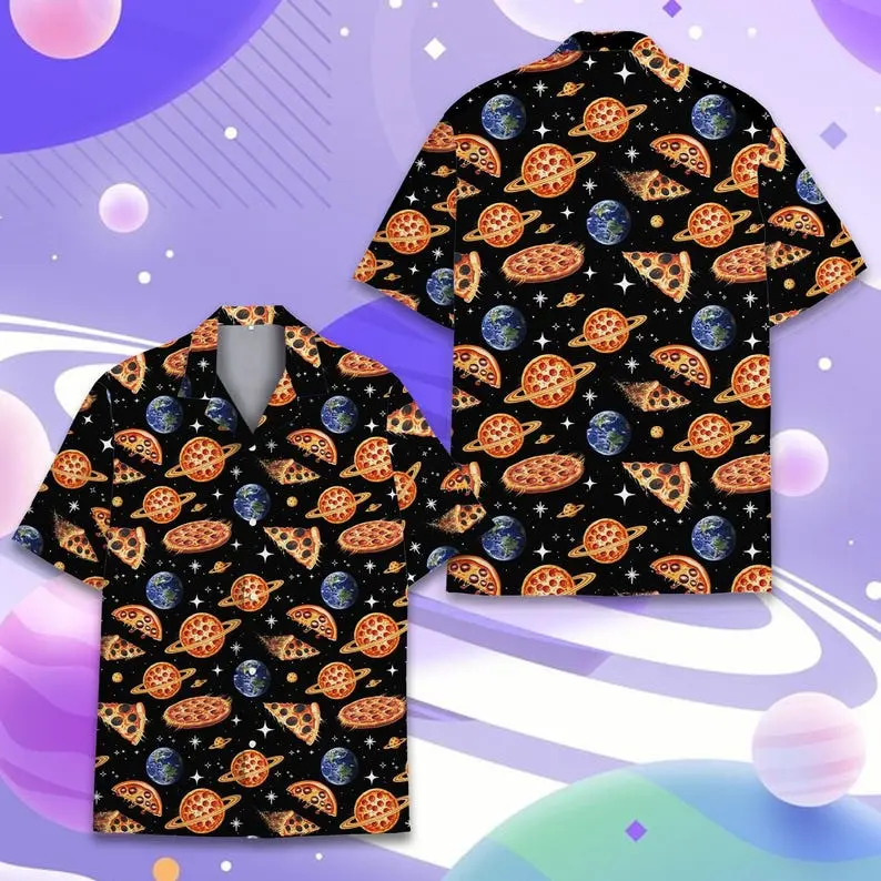 Pizza Galaxy Hawaiian Shirt Men Women Youth, Funny Space Pizza Planet Print Button Up Shirt, Cosmic Food Shirt, Nerdy Pizza Lover Gift