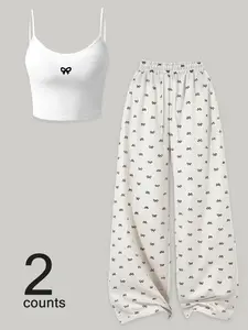 2-Piece Women's Bow Print Loungewear Set, Cami Top And Wide Leg Pants Pajamas For Sleepwear Casual Home Wear