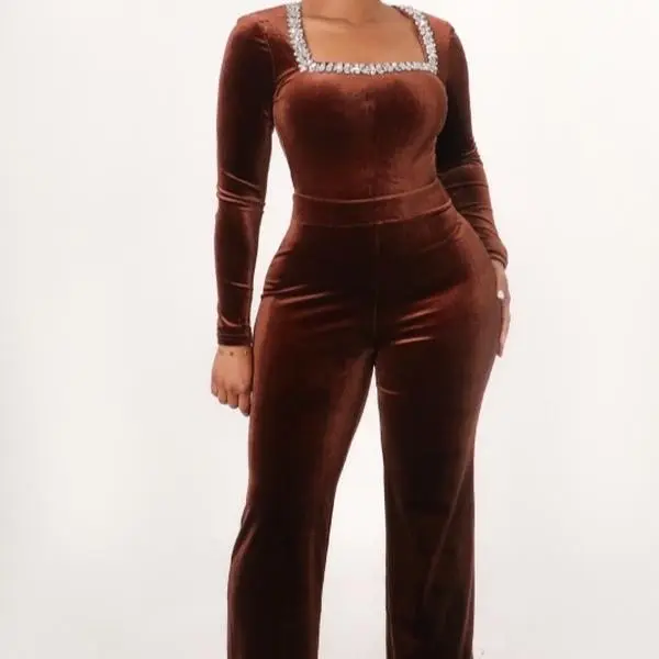 Velvet Jumpsuit with Square  rhinestone on Neckline and Long Sleeves for Women
