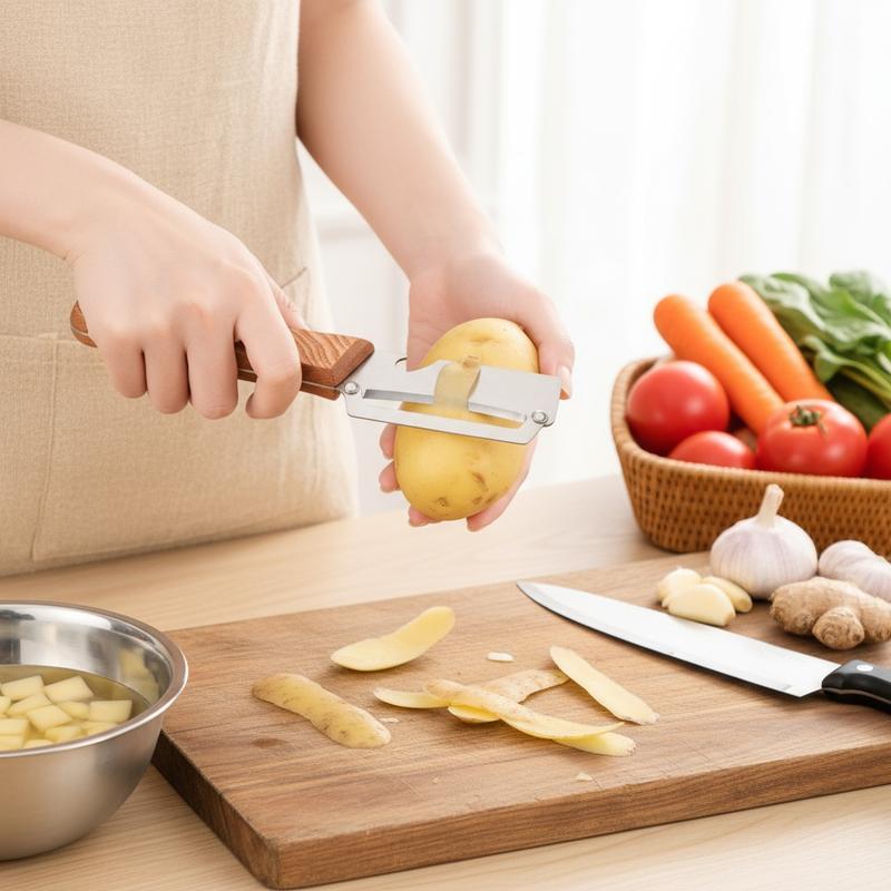 Premium Vegetable Peeler with Wooden Handle and Bottle Opener Stainless Steel Blade Kitchen Tool for Fruit Apple Potato Pumpkin Papaya Zucchini