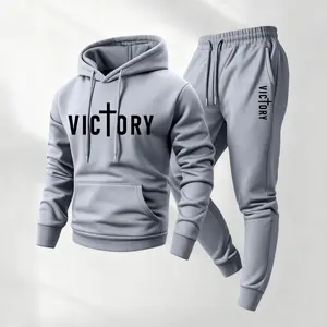 Men's Victoty Cross Print Hoodie and Drawstring Sweatpants Set, Menswear, Casual Athletic Long Sleeve Hooded Jacket & Trousers for Fall & Winter, Men's Clothing for Daily Wear, Sportswear Indoor Outdoor, Tracksuit, Athleisure Summer Clothes
