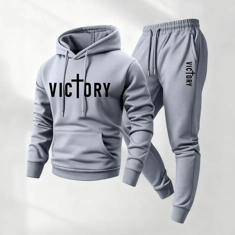 Men's 2-Piece Cross Print Sweatset, Sporty Chic Loose Fitting Polyester Male Outfit with Casual Long Sleeve Printed Hoodies & Drawstring Pants, Athleisure, Mensfashion, Casual Wear, Full Length, Casual Sport, Machine Washable