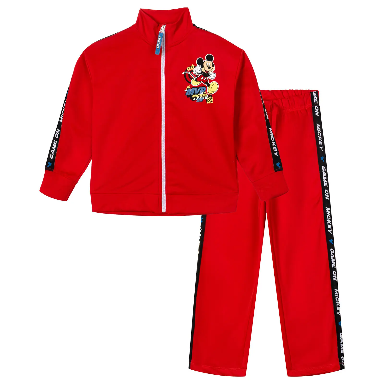 Disney Mickey Mouse Boys' 2-Piece Long Sleeve Zipper Tracksuit Set - Athletic Outfits, Graphic Zip-Up Track Jacket & Joggers, Sporty Chic Cayenne Red (Toddler to Big Kid), Playground, Drop Shoulder
