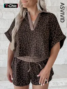 Women's Casual Everyday V-V Neck Collar Leopard Print Short Sleeve Top, Drawstring Pocket Shorts Set, High Waist Two-Piece Set, for All Seasons Womenswear
