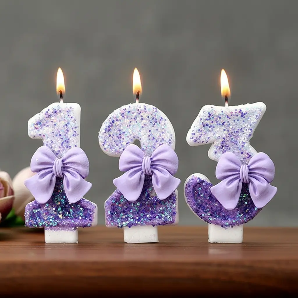 A purple bow-themed gradient sequin LED candle for birthday party cake decoration, creating an ambiance, suitable for wedding anniversary parties, Valentine's Day, adult ceremonies, multi-purpose celebration candle gifts, and graduation ceremonies.