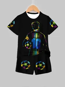 Messi 10 Number Boys' Short Sleeve Set, Casual Tee and Shorts with Random Print, Sportswear for Young Football Fans, Football Kits, Kids Clothing