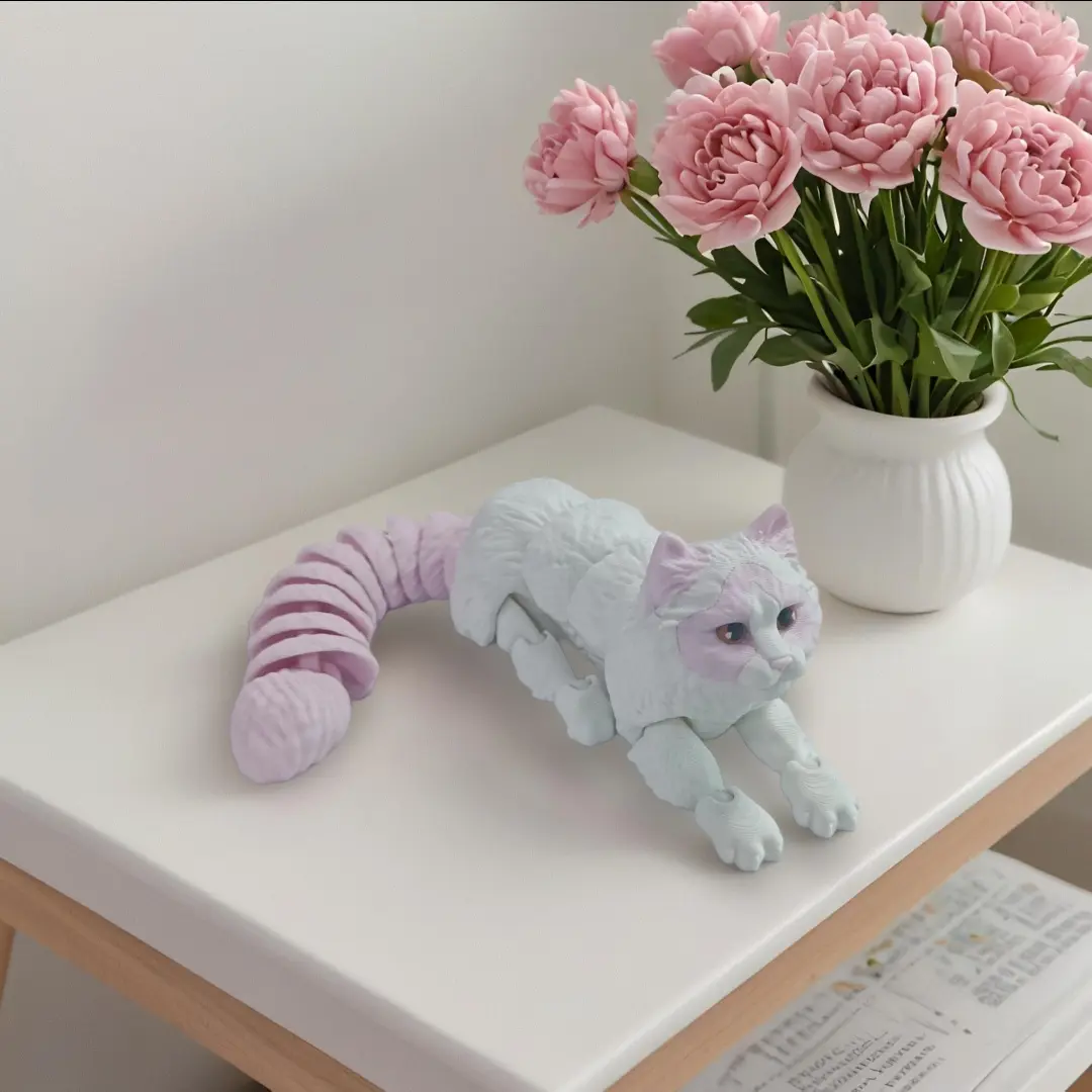 Poseable Maine Coon Cat Pet Figurine - Flexible joints for lifelike poses. Home and car decor. 3D-Printed Unique gift for cat lovers. Gray and white color scheme.