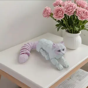 Poseable Maine Coon Cat Pet Figurine - Flexible joints for lifelike poses. Home and car decor. 3D-Printed Unique gift for cat lovers. Gray and white color scheme.