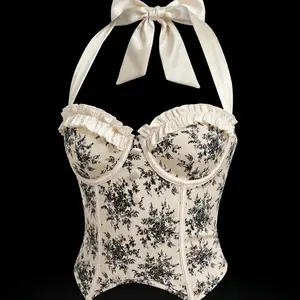 Women's Vintage-Inspired Floral Print Corset Top-Halter Neck Lace-Up Back