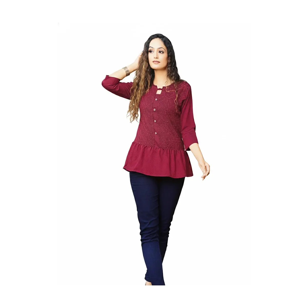 AR-4006 Women’s Burgundy Lace Peplum Tunic Top – 3/4 Sleeve, Button-Front Detail