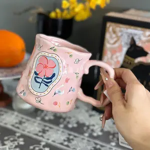 Coffee Mug Espresso Cup,13.3 oz Large Ceramic Coffee Mug, Floral Design with Oversized Handle, Handmade Irregular Shape for Latte, Tea, Milk & Cocoa