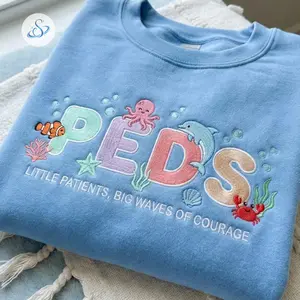 PEDS Embroidered Sweatshirt, Little Patients Big Waves of Courage Pediatric Nurse Crewneck for Women, Ocean Sea Life RN Pullover, Children's Hospital Gift