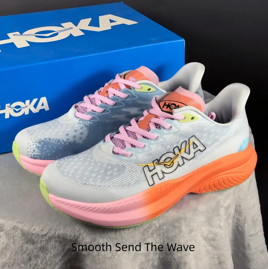 Pale blue mesh running shoes with pink-orange gradient sole, pastel candy tones perfect for beach vacation and picnic OOTD reels