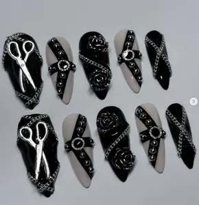 Edward Scissorhands Inspired Nails – Black & Nude Base with 3D Scissors, Chains, Studs, and Roses for a Dark Gothic Movie-Inspired Look