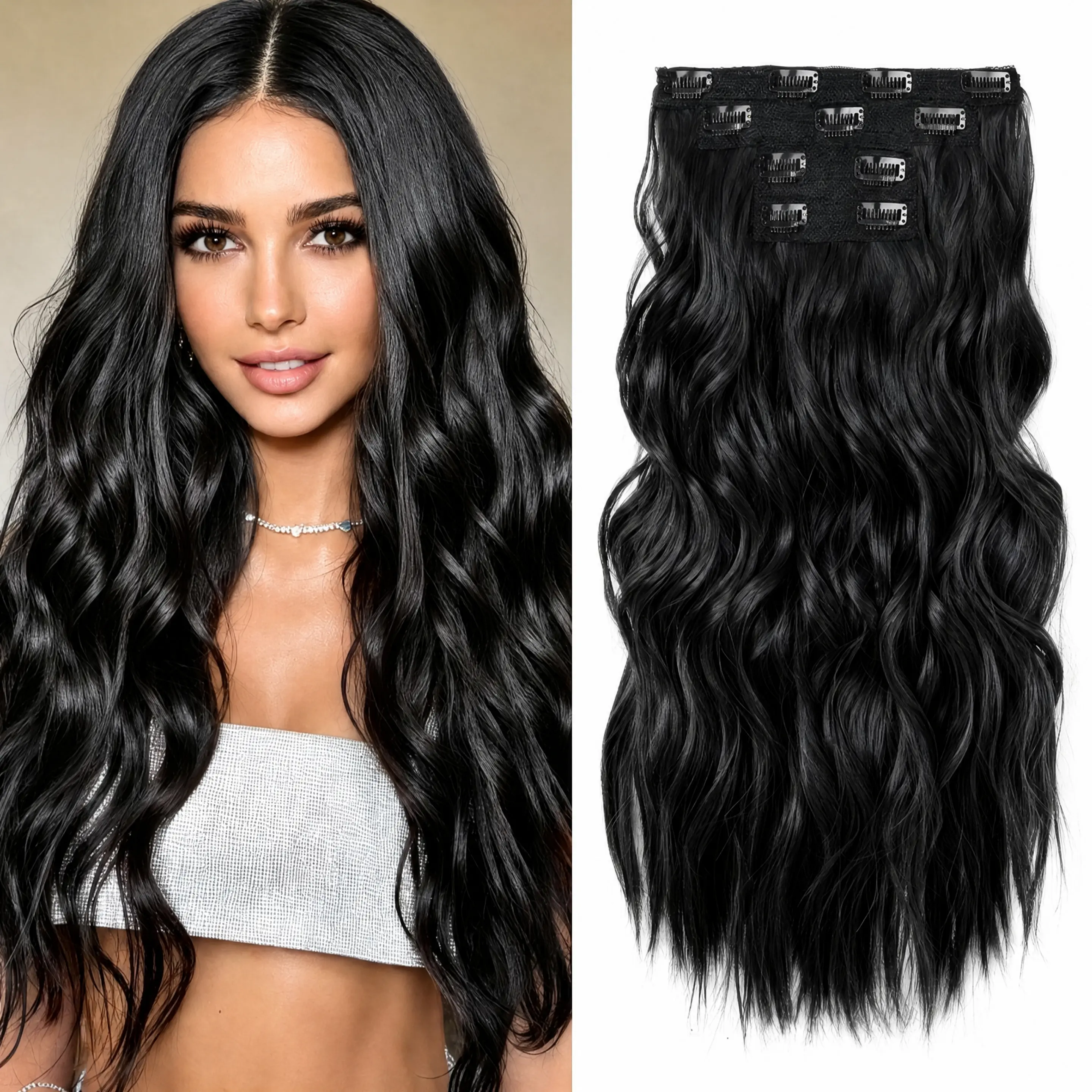【Blend Natural】BOO Hair Glueless Clip-in Wavy Extension, Synthetic 4PCS 22in Thick Pieces for Women- Long Wavy Easy-Install Hairpieces, Fashion Hair Accessories for Daily & Event Party Use,summerhairstyle