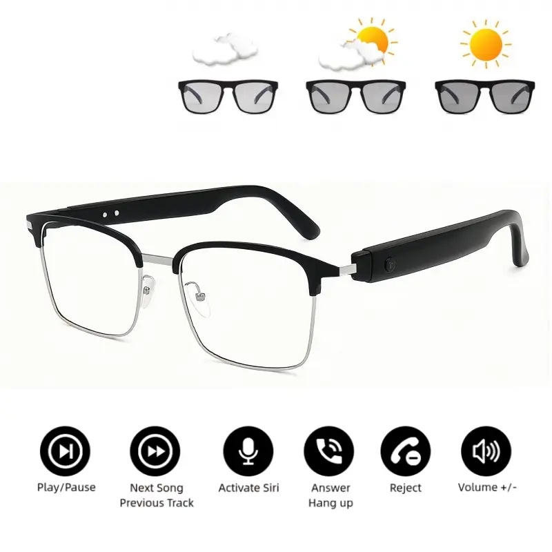 Bluetooth Audio Smart Glasses with Photochromic UV-Activated Lenses, Black Silver Metal Frame, Surround Sound, Built-In Microphone & Hands-Free Calling Wearable Device, Black Silver Frame