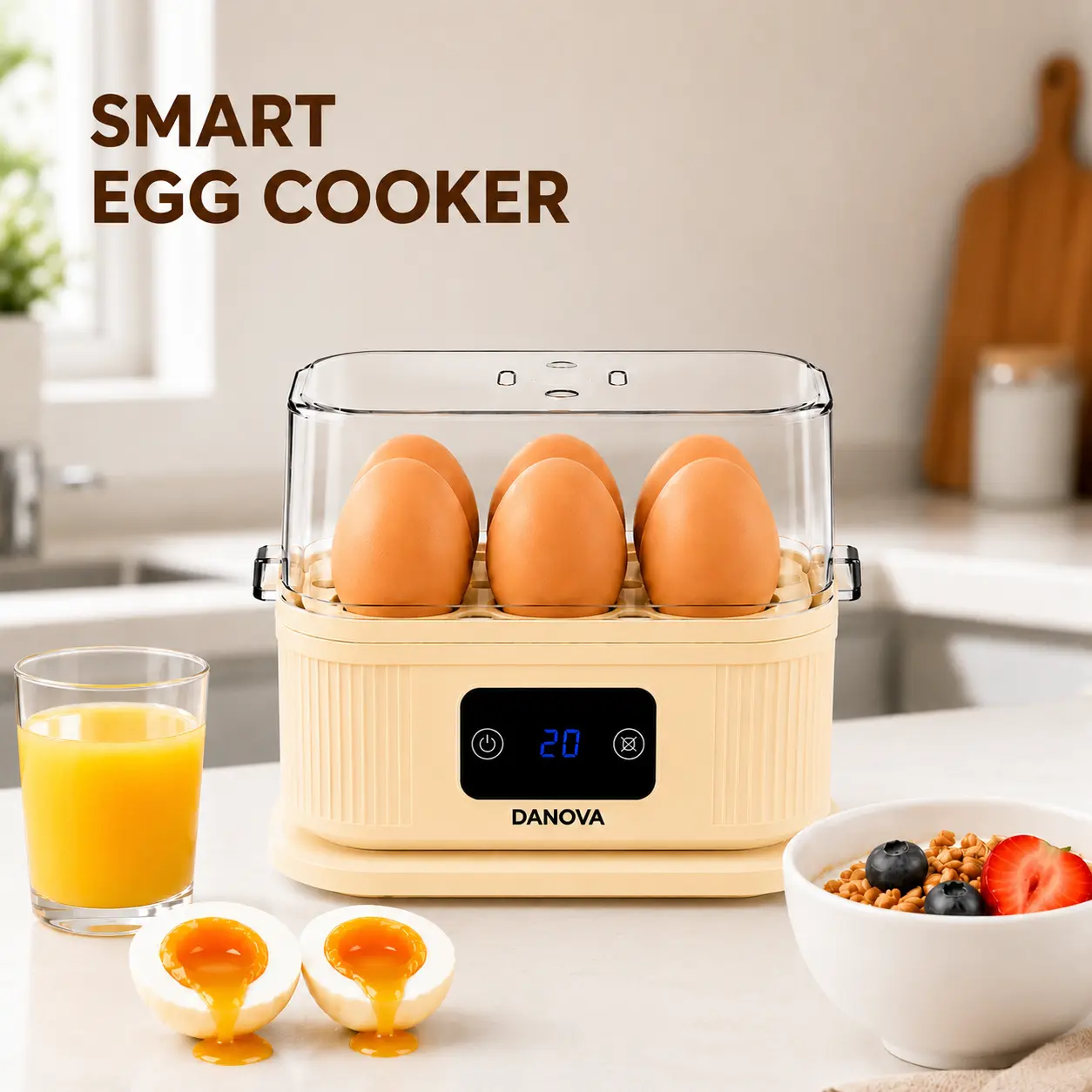 DANOVA Egg Cooker Machine - 6-Capacity Electric Boiler, Multifunctional Poacher, Digital Display, BPA-Free, Hard/Soft Boiled & Omelet Maker for Healthy Breakfasts, Multifunctional Egg Poacher