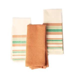 Decorative Kitchen Towels Set of 3 Recycled Cotton 28X18 Inch Waffle Weave Dish Towels for Drying Dishes Red and Green Absorbent Tea Towels Boho Stripe Design Eco Friendly