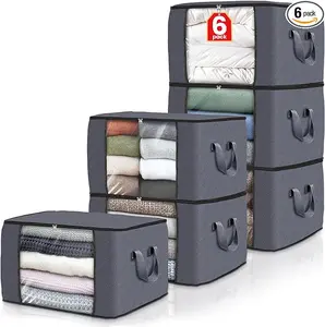 Grey 6-pack clothing storage bag foldable thick cloth blanket used for organizing bedroom wardrobe clothes bedding and storage containers with handles