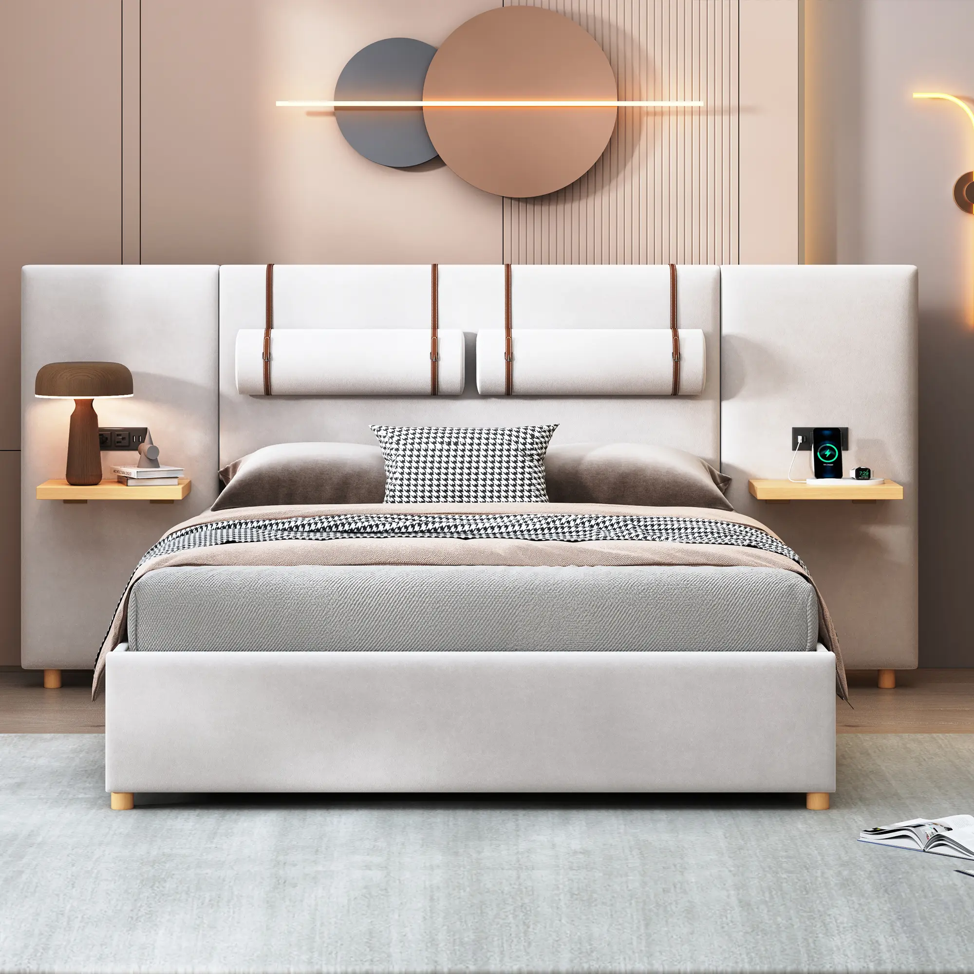 Velvet Fabric Queen Size Upholstered Platform Bed Frame with USB Ports, 2 Nightstands, 2 Pillows and Oversized Upholstered Headboard, No Box Spring Needed, Beige Indoor Bedroom Furniture