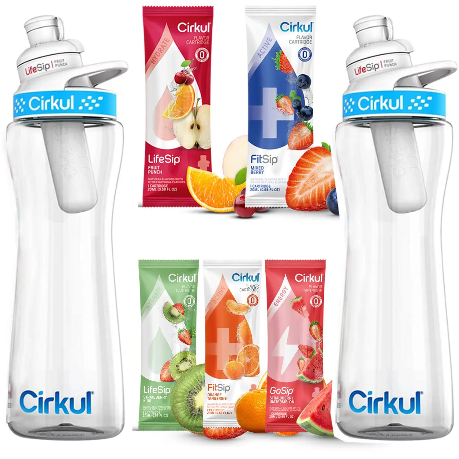 Cirkul 22oz Plastic 2 Water Bottle and 5 Variety Flavor Cartridges (2 Bottles with Lid and 5 Random Flavor)