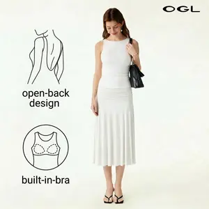 OGL 2Pcs Set Open Back Bra Tank & Side Ruched A-line Midi Skirt with Built-in Bra for Womenswear Summervibes- Clothes