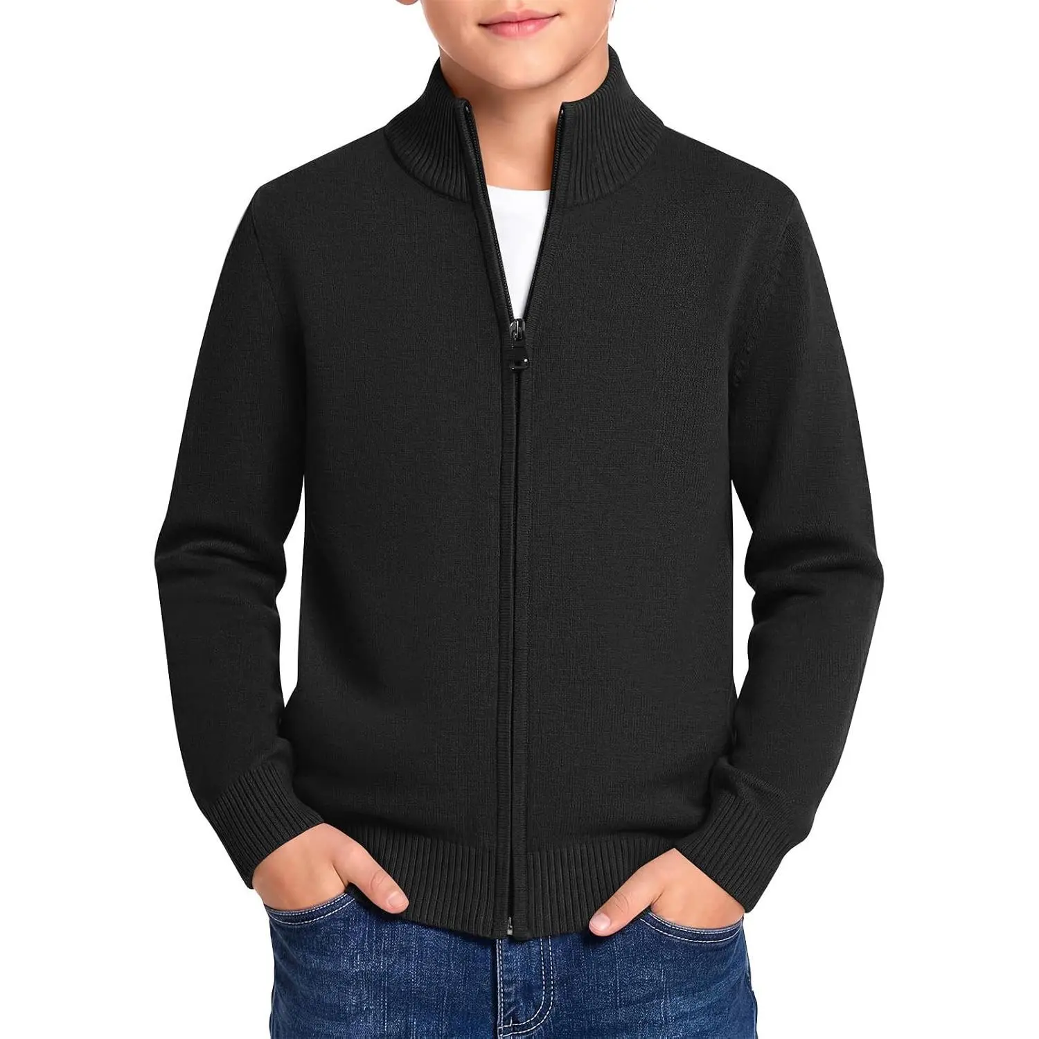 Boys Full Zip Cardigan Sweater Mock Neck Uniform Sweaters 5-14Y | Kids Youth Long Sleeve Cardigan Sweaters, Stand Collar, Ribbed Hem, Warm Soft, School Casual Fall Winter Outerwear