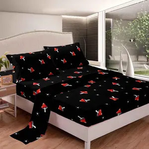 Mushroom Bed Sheets Cute Mushroom Sheet Set for Kids Girls Boys, Cartoon Botanical Black Fitted Sheet,Room Decor Bedsheet Rose Pattern Bedding