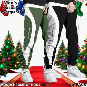 2-piece set of men's regular-fit color-block drawstring waist casual sweatpants, featuring casual pocket design, suitable for autumn and winter wear, everyday pants for men
