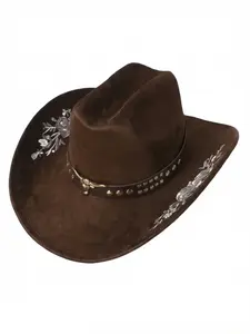 2026 New Embroidered Suede Western Cowboy Hat, Wide Brim Sun Protection, Bull Head Belt Decoration, Vintage Elegant Gift Hat, Unisex
